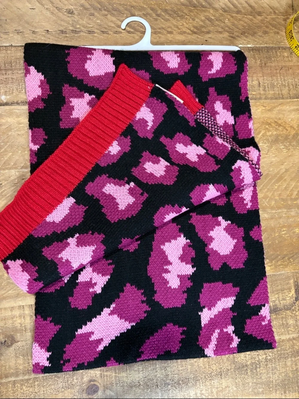 Juicy Couture Black & Pink Leopard Knit Scarf with Red Trim NWOT